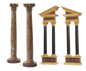 PAIR OF POLYCHROME-DECORATED AND PARCEL GILT COLUMNS AND PAIR OF ENTABLATURES