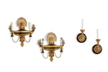 PAIR OF SOUTH EUROPEAN GILT AND GREY-PAINTED TWIN-BRANCH WALL-LIGHTS