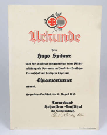 Urkunde Ehrenvorturner 1935 - Foto 1