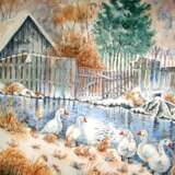 Zeichnung „Dorf Landschaft mit Gänsen“, Papier, Aquarell, Romantik, Landschaftsmalerei, 2020 - Foto 1