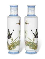 A PAIR OF FAMILLE ROSE 'BUTTERFLIES AND FLOWERS' VASES