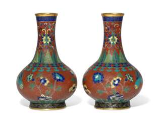 A PAIR OF RED-GROUND CLOISONNE ENAMEL VASES 