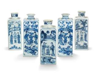 A GROUP OF FIVE BLUE AND WHITE SQUARE FORM BOTTLES