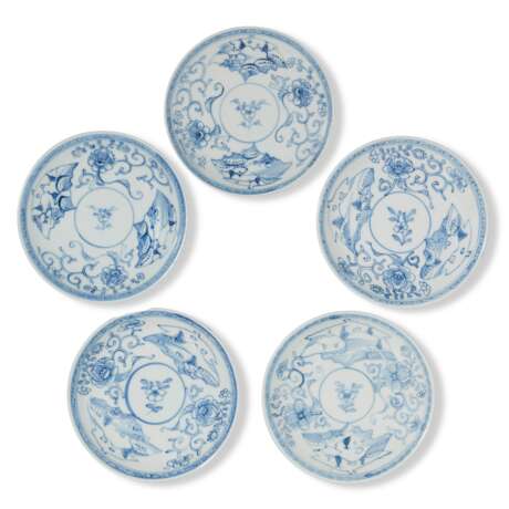 A GROUP OF FIVE BLANK DOUCAI 'LANDSCAPE CARTOUCHE AND PEONY SCROLL' SAUCER DISHES - photo 1