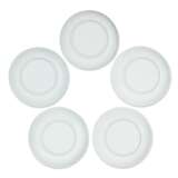 A GROUP OF FIVE BLANK DOUCAI 'LANDSCAPE CARTOUCHE AND PEONY SCROLL' SAUCER DISHES - фото 2