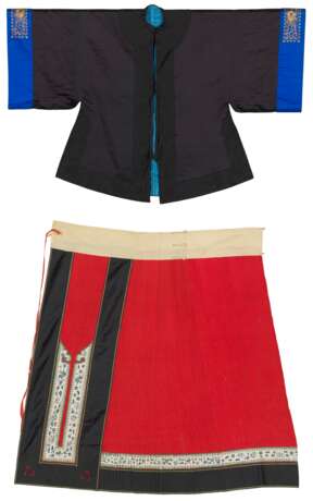 A BLACK SILK EMBROIDERED SHORT INFORMAL JACKET AND A RED SILK EMBROIDERED SKIRT - photo 1