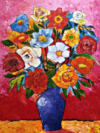 Цветы в вазе Холст на подрамнике Смешанная техника Импрессионизм Натюрморт 2018 г. - фото 1