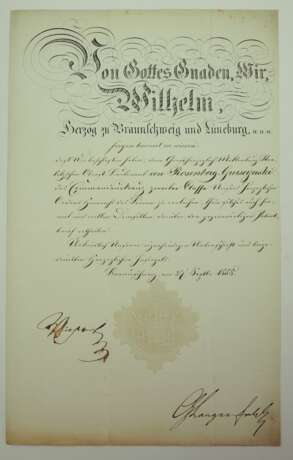 Braunschweig: Herzoglicher Orden Heinrichs des Löwen, Kommandeurkreuz 2. Klasse Urkunde des Generalmajor Adolf von Rosenberg-Gruszczynski. - Foto 1