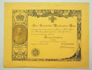 Lippe-Detmold: Kriegsverdienstkreuz Urkunde des Oberslteutnant a.D. Alfred Wilhelm von Rosenberg-Gruszczynski.