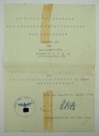 Kriegsverdienstkreuz, 2. Klasse mit Schwertern Urkunde für einen Beschlagmeister des Stab/ Pi. Batl. 299 - Willi Moser. - photo 1