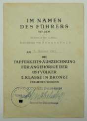 Tapferkeitsauszeichnung für Angehörige der Ostvölker, 2. Klasse in Bronze Urkunde für einen Rittmeister d. Res.