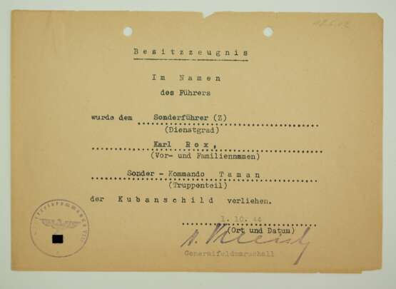 Kubanschild Urkunde für einen Sonderführer (Z) des Sonder-Kommando Taman. - Foto 1