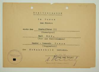 Kubanschild Urkunde für einen Sonderführer (Z) des Sonder-Kommando Taman.
