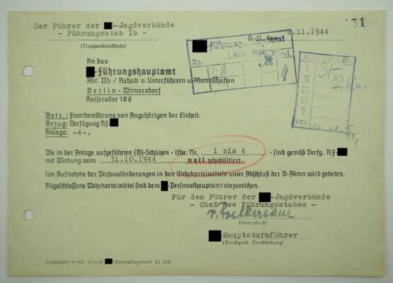 Schreiben der Führer der SS-Jagdverbände über die Rehabilitation von (B)-Schützen der Frontbewährung. - Foto 1