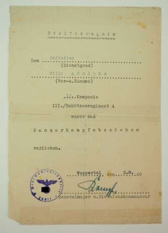 Panzerkampfabzeichen Urkunde für einen Gefreiten der 12./ III./ Schützenregiment 4. - photo 1