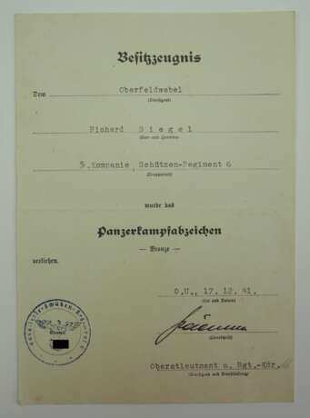 Panzerkampfabzeichen, Bronze Urkunde für einen Oberfeldwebel der 5./ Schützen-Regiment 6. - фото 1