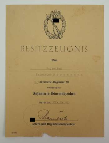 Infanterie-Sturmabzeichen Urkunde für einen Gefreiten der 2./ Infanterie-Regiment 211. - photo 1