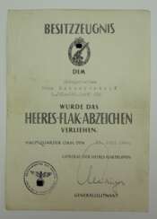 Heeres-Flak-Abzeichen Urkunde für einen Obergefreiten der 1./ Fla-Btl. (mot.) 616.