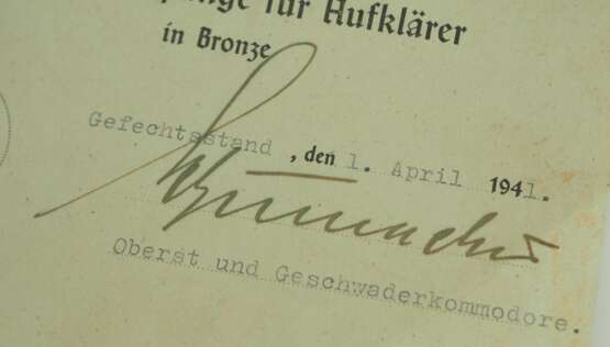 Frontflugspange für Aufklärer, in Bronze Urkunde für einen Unteroffizier der Wettererkundungsstaffel 1 des Ob.d.L. - фото 2