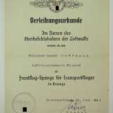 Frontflugspange für Transportflieger, in Bronze Urkunde für einen Feldwebel des Luftdienstkommando Finnland. - Foto 1