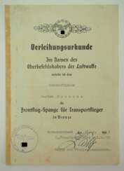 Frontflugspange für Transportflieger, in Bronze Urkunde für einen Unteroffizier der I./ K.G. z.b.V. 172.