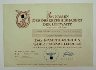 Flakkampfabzeichen der Luftwaffe Urkunde für einen Obergefreiten der 1./ schw. Flakabt. 447.