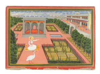 AN ILLUSTRATION TO A NALA AND DAMAYANTI SERIES: NALA SEATED ON A TIGER SKIN IN A PALACE GARDEN