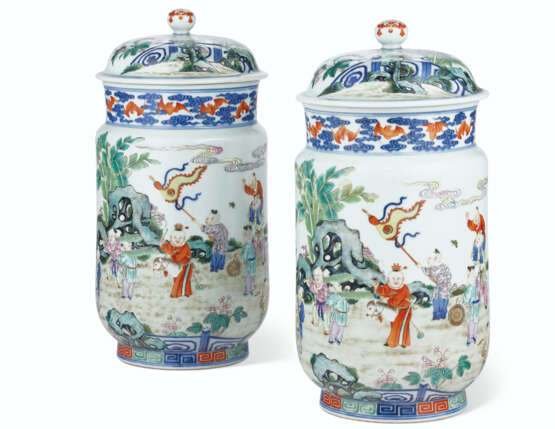 A VERY RARE PAIR OF FAMILLE ROSE 'BOYS' JARS AND COVERS - photo 1