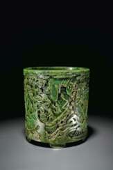 A MAGNIFICENT AND FINELY-CARVED LARGE SPINACH-GREEN JADE BRU...