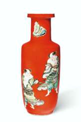 A RARE FAMILLE VERTE CORAL-GROUND ROULEAU VASE