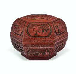 A FINELY CARVED HEXAGONAL THREE-COLOR LACQUER BOX AND COVER ...
