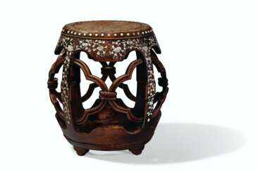 A MARBLE-INSET MOTHER-OF-PEARL-INLAID HONGMU BARREL-FORM STO...