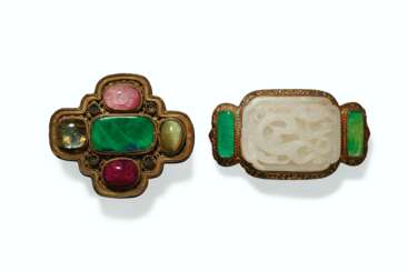 TWO JADE AND HARDSTONE GILT-BRONZE BELT ORNAMENTS