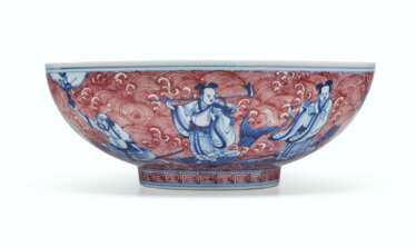 AN UNDERGLAZE-BLUE AND COPPER-RED-DECORATED ‘EIGHT IMMORTALS...