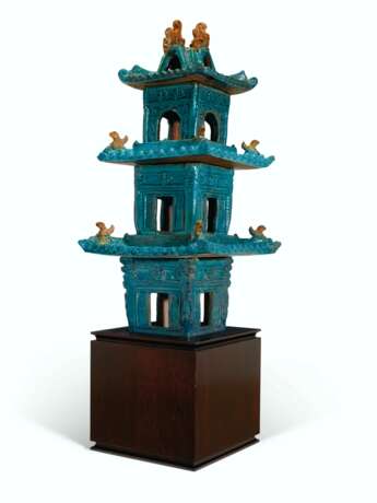A TURQUOISE AND OCHRE-GLAZED TILEWORKS MODEL OF A PAGODA - photo 2