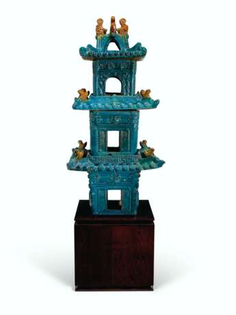 A TURQUOISE AND OCHRE-GLAZED TILEWORKS MODEL OF A PAGODA - photo 4