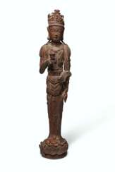 A CARVED WOOD STANDING FIGURE OF A BODHISATTVA