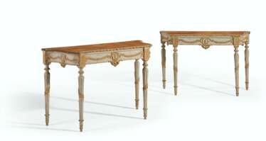 A PAIR OF ITALIAN GREY-PAINTED AND PARCEL-GILT CONSOLES