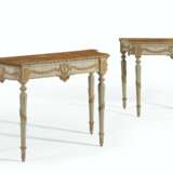 A PAIR OF ITALIAN GREY-PAINTED AND PARCEL-GILT CONSOLES - фото 1