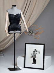 JERRY HALL'S BLACK SILK AND PINK TULLE CORSETS, FEATHER HAT AND PHOTOGRAPH