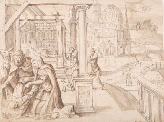 Pietro De Petri (Attr.). Studie Mit Der Heiligen Familie In Renaissancearchitektur - Foto 1