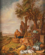 Виллем Кальф. Bauernpaar Am Brunnen Mit Herbstlichem Gemüse Und Einem Blick Auf Die Silhouette Von Paris, Wohl Um 1642