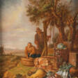 Bauernpaar Am Brunnen Mit Herbstlichem Gemüse Und Einem Blick Auf Die Silhouette Von Paris, Wohl Um 1642 - Archives des enchères