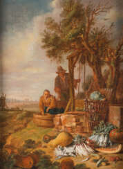 Bauernpaar Am Brunnen Mit Herbstlichem Gemüse Und Einem Blick Auf Die Silhouette Von Paris, Wohl Um 1642