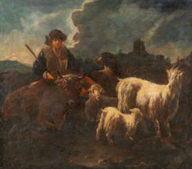 Viehhirte Mit Ziegen, Hund Und Rindern Auf Der Weide. Im Bildhintergrund Auf Einem Hügel Eine Burg