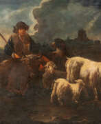 Johann Heinrich Roos. Viehhirte Mit Ziegen, Hund Und Rindern Auf Der Weide. Im Bildhintergrund Auf Einem Hügel Eine Burg