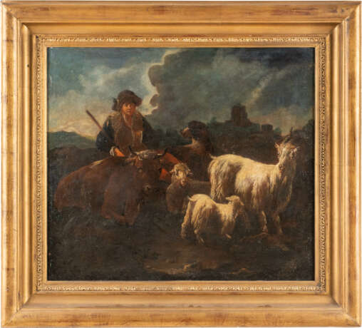 Johann Heinrich Roos (Schule). Viehhirte Mit Ziegen, Hund Und Rindern Auf Der Weide. Im Bildhintergrund Auf Einem Hügel Eine Burg - Foto 2