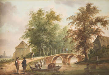 Paar Gemälde: Flusslandschaft Mit Anglern/Flusslandschaft Mit Brücke Und Personenstaffage
