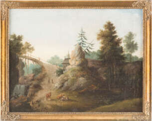 Paar Gemälde: Bergige Landschaft Mit Rastenden Wanderern/Waldlandschaft Mit Kirche, Brücke, Wasserfall Und Viehhirten
