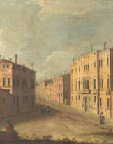 Strassenszene In Venedig Mit Spaziergängern Und Tempelruine Vorne Links